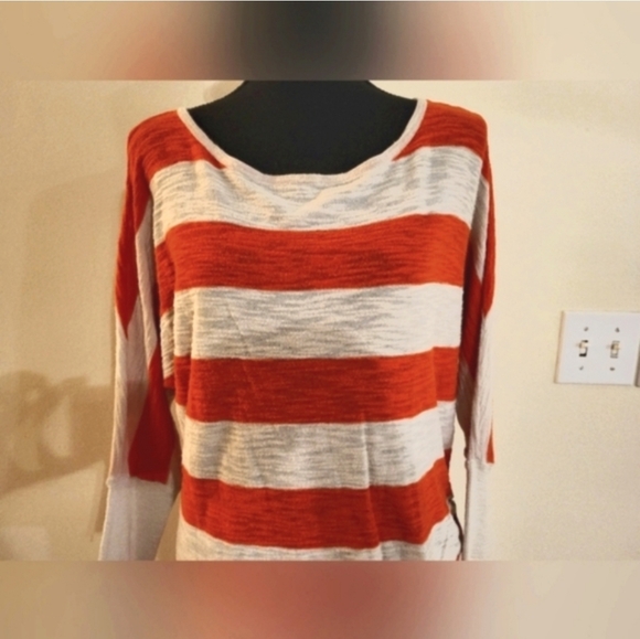 Express Orange & Cream Stripe Sweater W/Sleeves And Ruched Bottom Tie (Size Med) - Picture 5 of 15